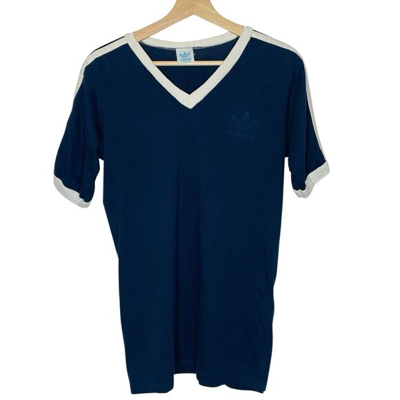 Vintage 1980's Adidas Ringer Trefoil Logo Stripes Shirt Retro Rare Soccer Large - Picture 1 of 5
